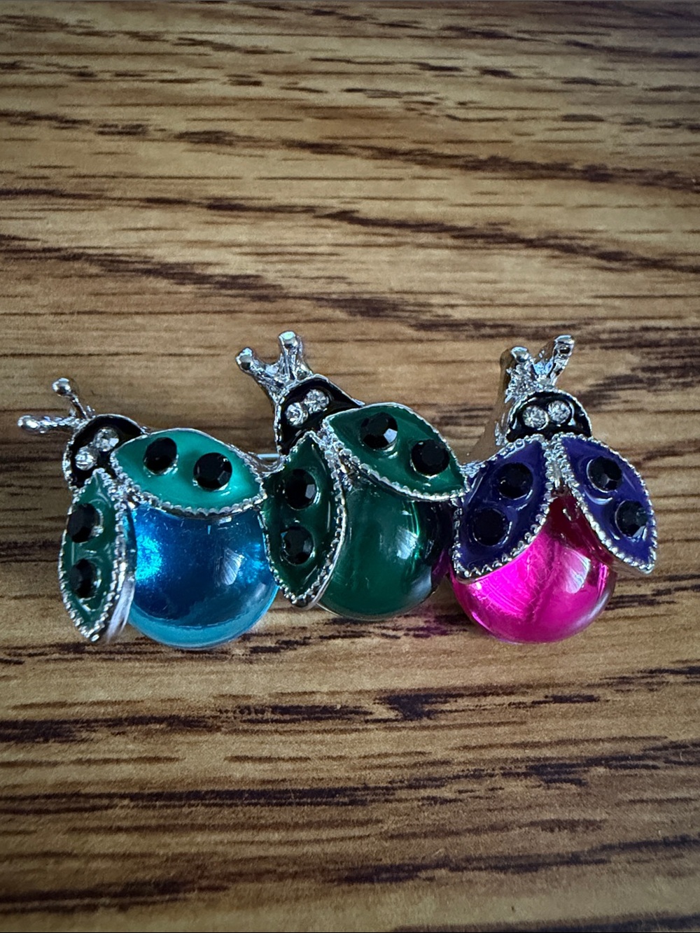 Trio of Enamel Ladybug Brooches in Blue, Green & Pink